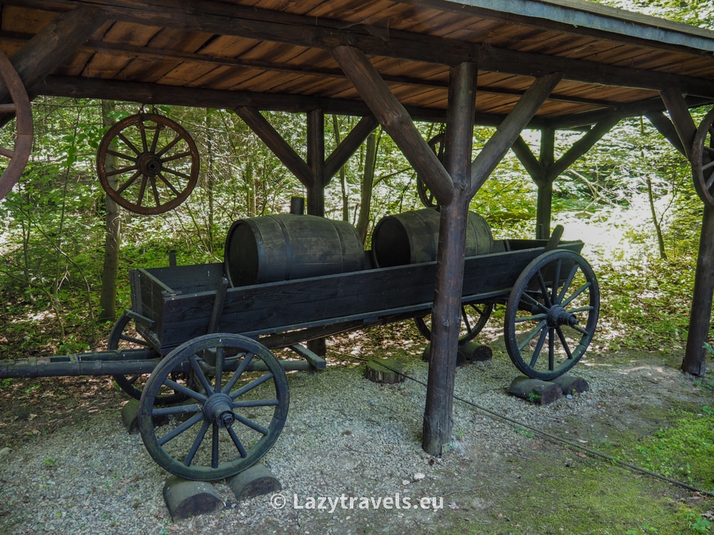 A replica of the cart used to transport barrels of crude oil to the refinery
