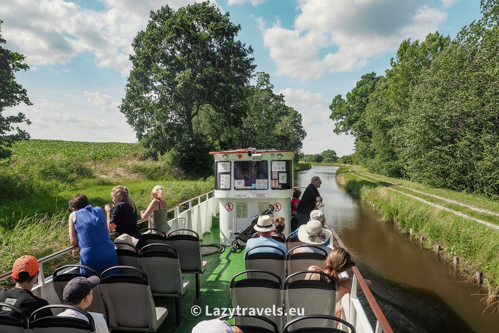 The upper deck of a ship sailing along the Elbląg Canal