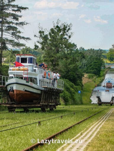 A ship being pulled up on the Elbląg Canal slipway