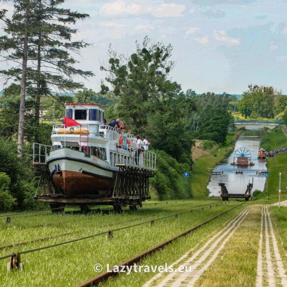 A ship being pulled up on the Elbląg Canal slipway