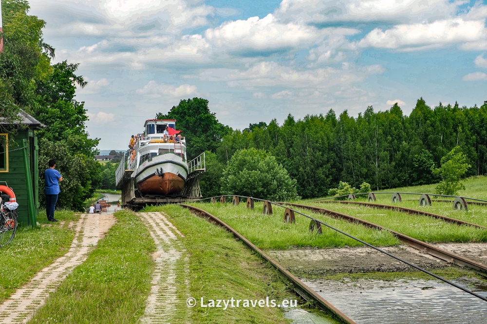 A ship on one of the slipways of the Elbląg Canal
