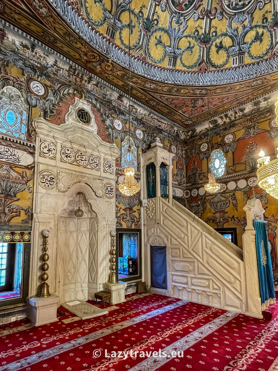 Painted Mosque in Tetovo. Interior of the mosque and ornate minbar.