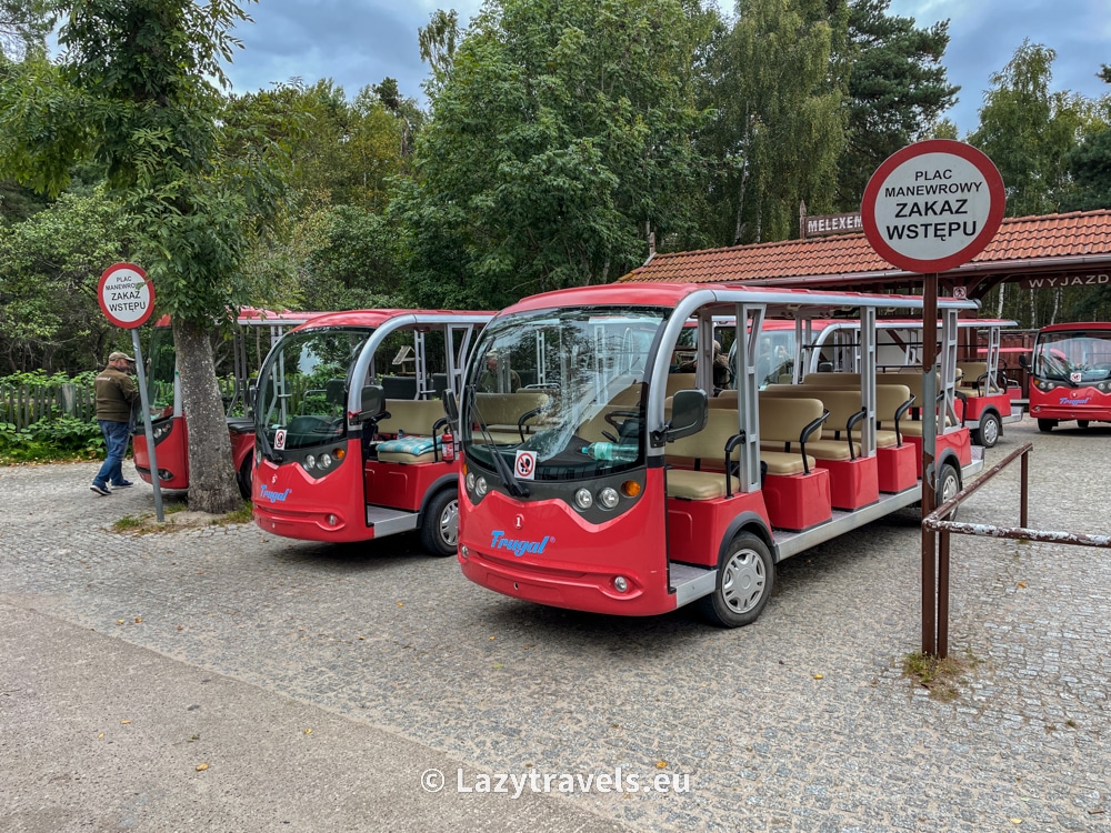 Melex vehicles carrying tourists from the ticket offices to the Łącka Dune