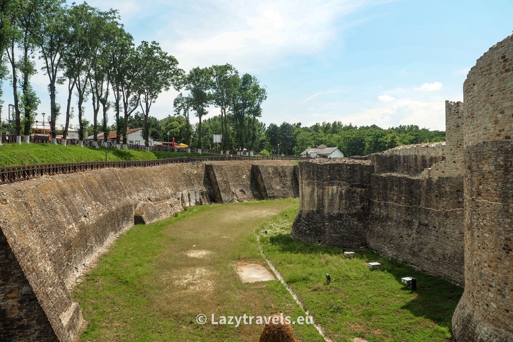 The moat guarding the walls of the castle in Suceava