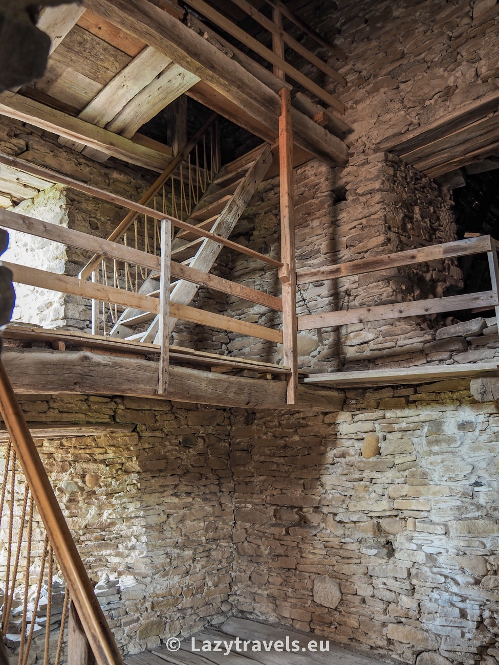 Wooden stairs and galleries leading to the top of the church tower, from where guards watched for danger and enemies.
