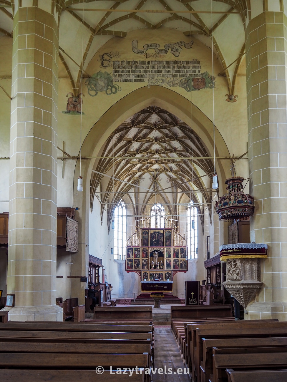 View of the main nave of the fortified church in Biertan