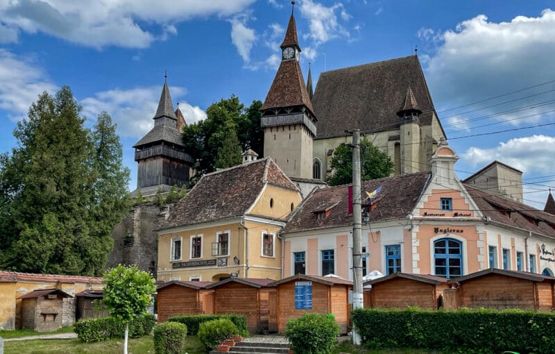 View of the church in Biertan from the main town square