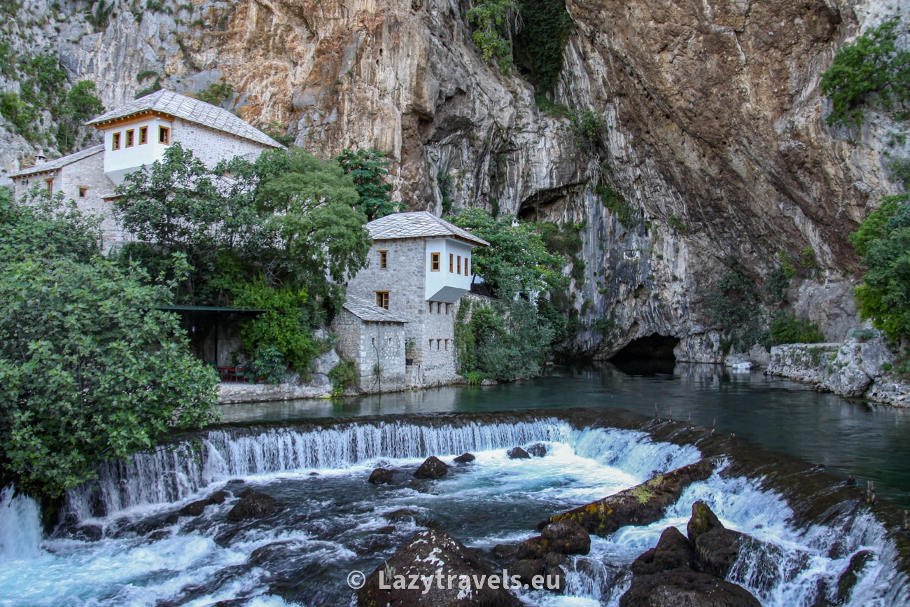 Dervish monastery in Blagaj. From this spot on the opposite bank of the Buna river is the best view on old building and a cave