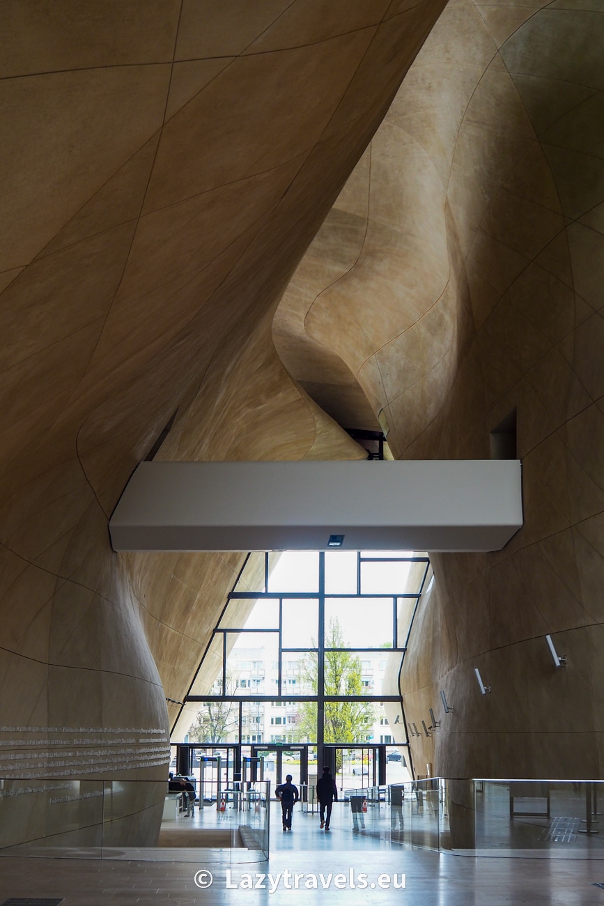 Inside the Polin Museum – the Museum of the History of Polish Jews. The concrete is shaped into waves, referring to the waves of the sea that parted before Moses.