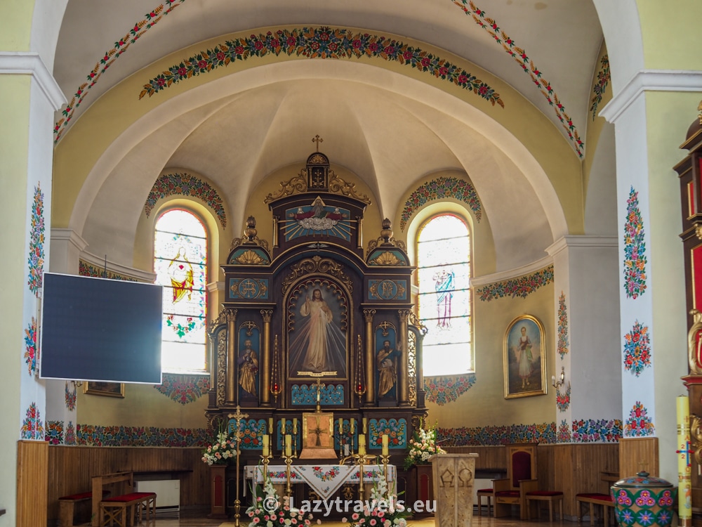 The church in Zalipie is also traditionally decorated. Not as richly, but still.