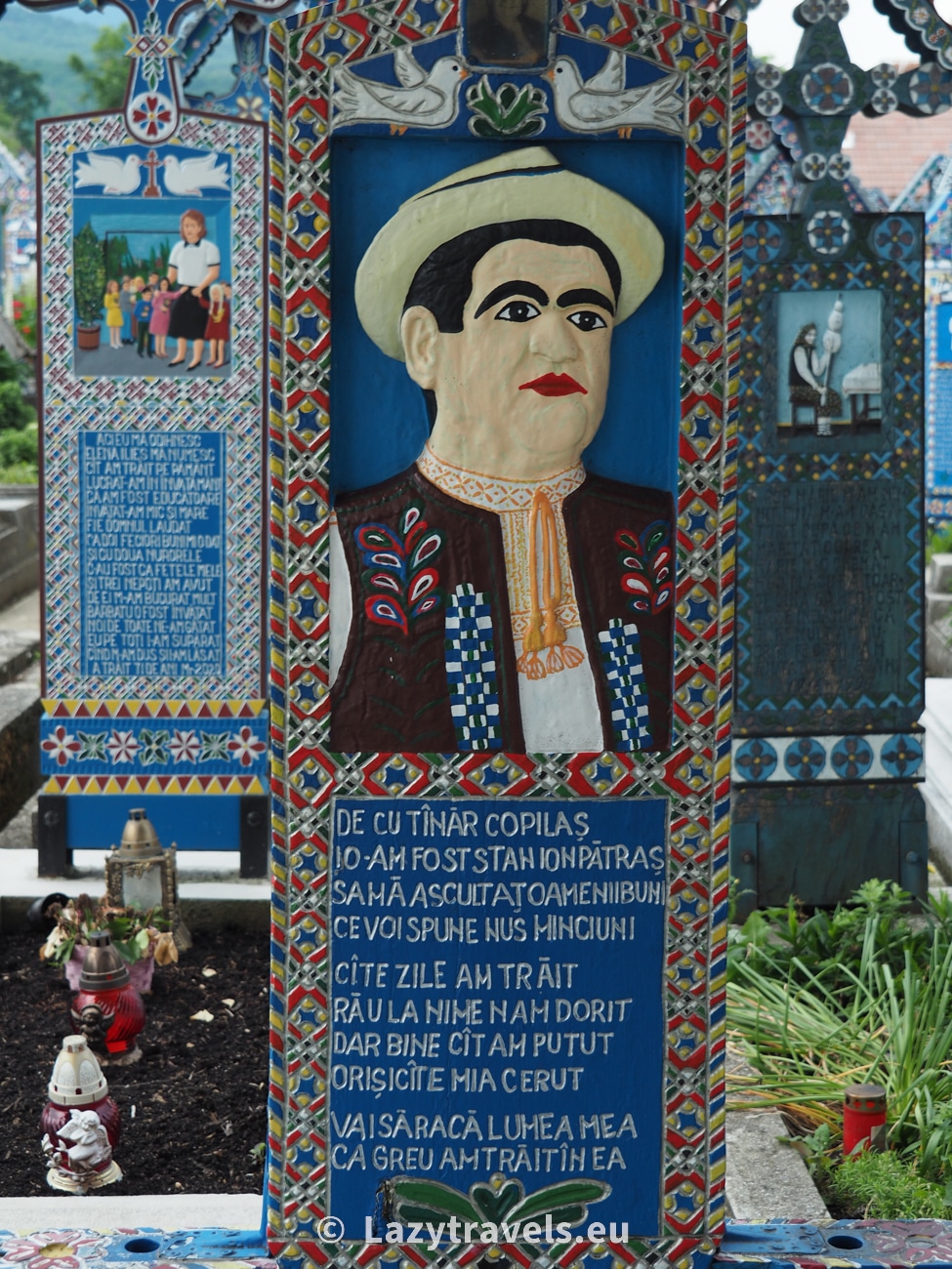 The gravestone and image of the creator of the Merry Cemetery in