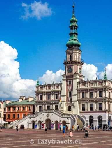 Zamość and the town hall on the Great Market Square, the city's main square.