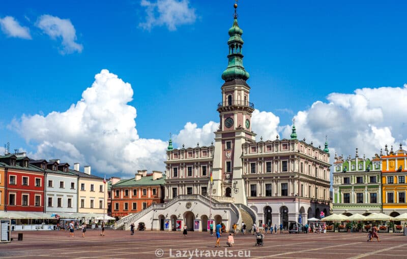 Zamość and the town hall on the Great Market Square, the city's main square.